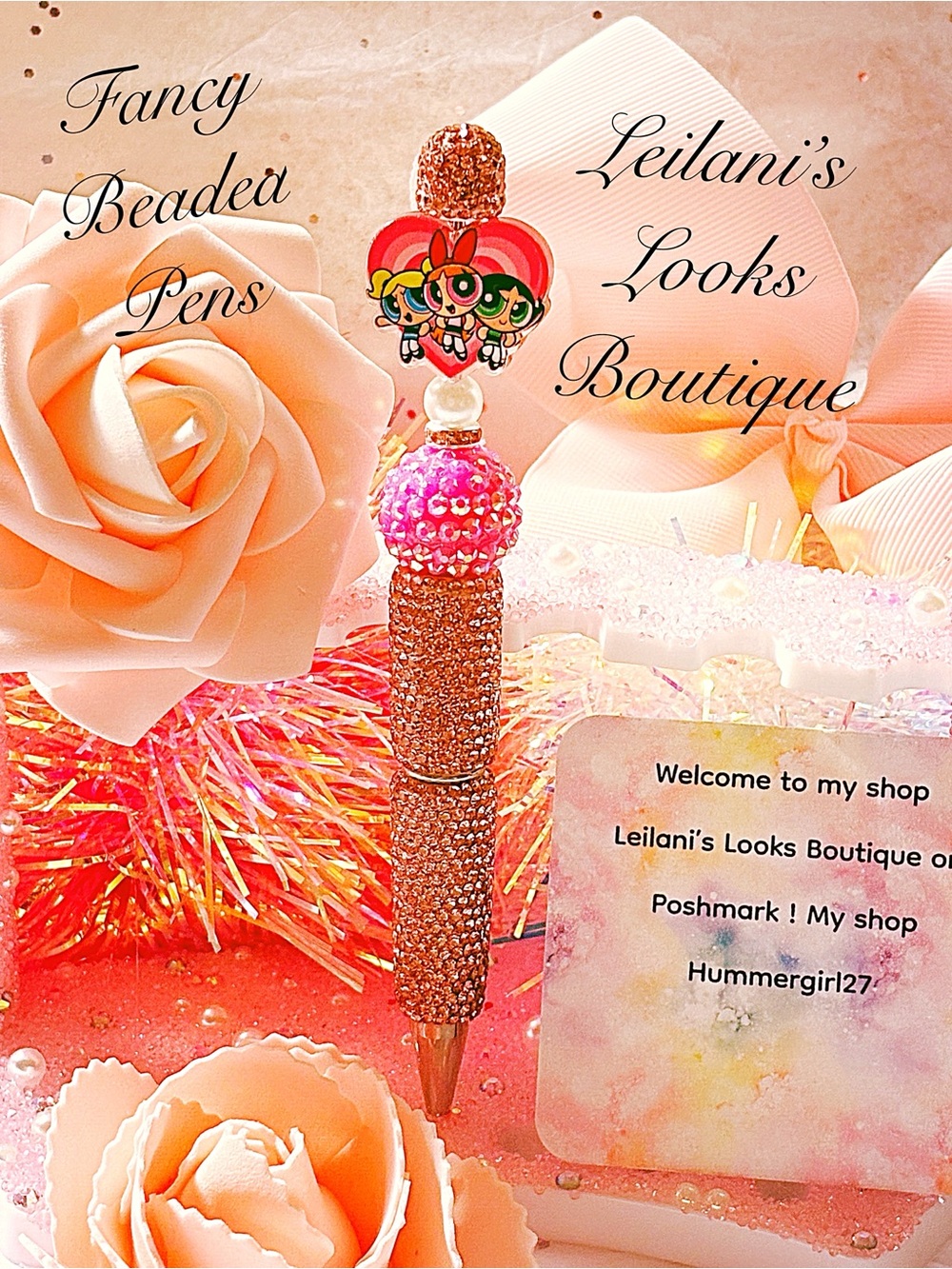 Pink Beaded Rhinestone Pen/power puff girls/pink beads